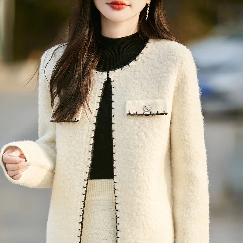 

100% Australian wool cardigan women's 2024 new autumn and winter knitted short fashion jacket women's O-neck wool sweater solid