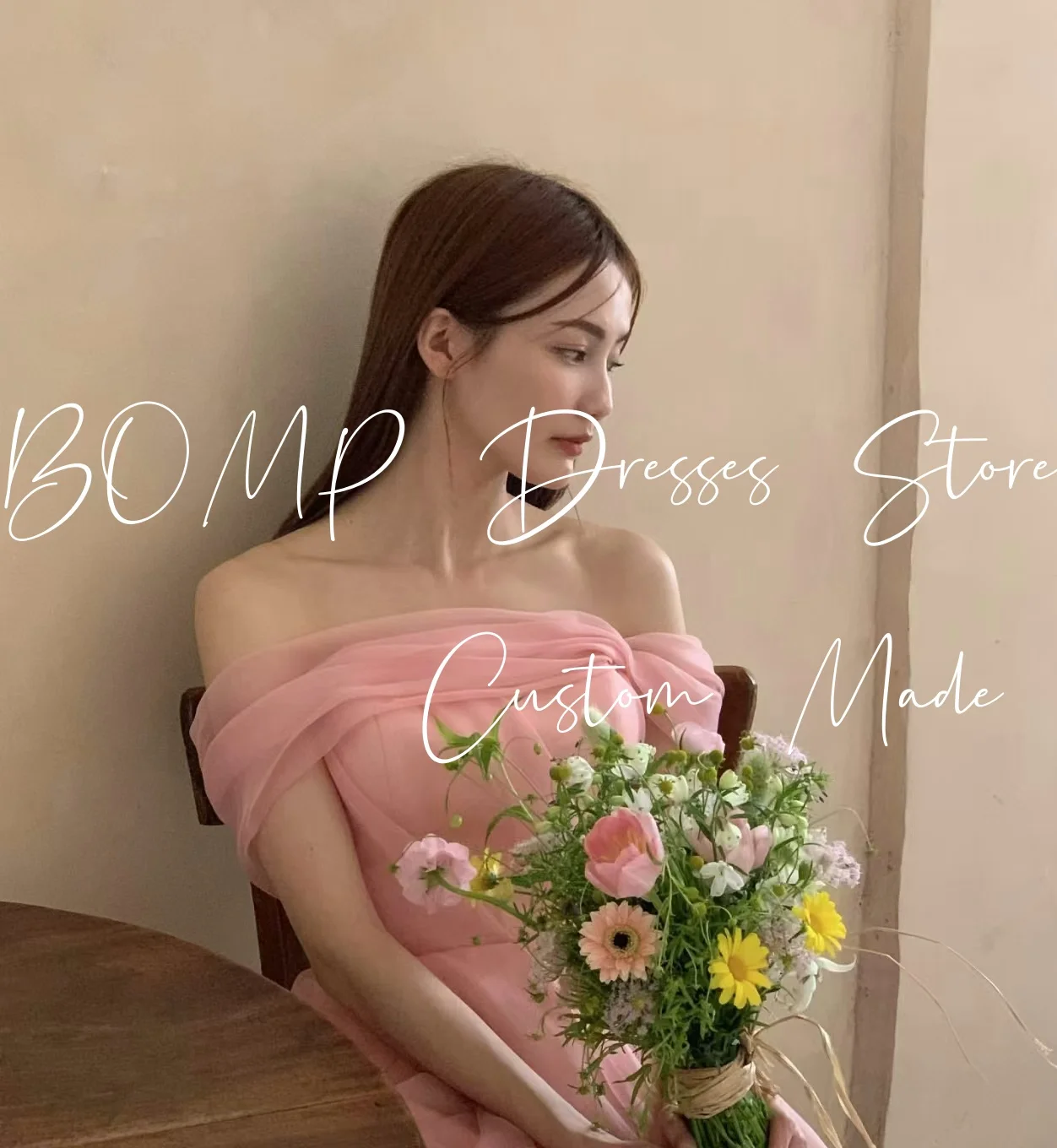 

BOMP Sweet Pink Wedding Dress Off Shoulder Pleat Draped Floor Length Organza Korea Photo Shoot Bridal Reception Gown Custom