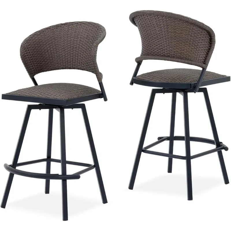 

Стулья для барного стула для патио с подставками для ног и мягким сиденьем, набор из 2 стульев для патио с поворотной высотой барной стойки, коричневый плетеный поворотный
