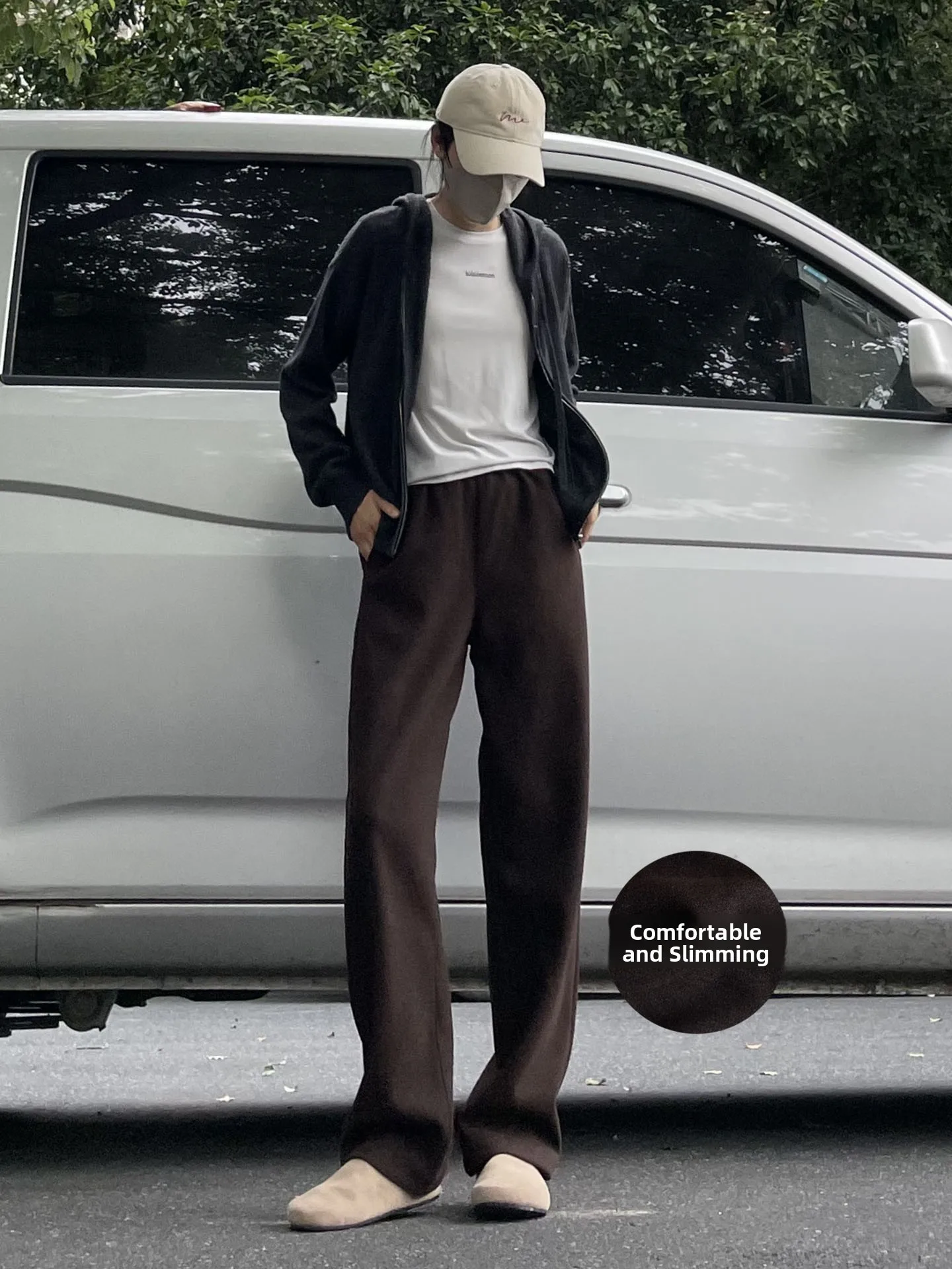 

Slim High Waist Wide Leg Pants Long Straight Cut Floor Length Coffee Color Woolen Trousers Casual Sle Winter New Arrival