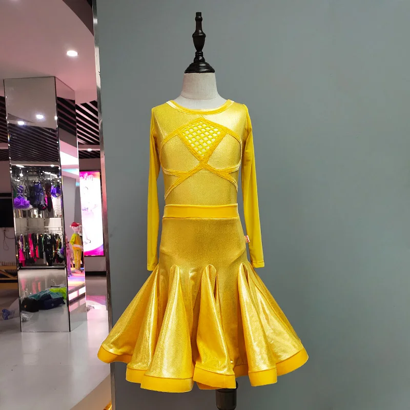 Girls Long Sleeved Latin Dance Dress Neon Patent-Leather Reflective Latin Dress Ballroom Dance Clothes For Kids Costume SL7206