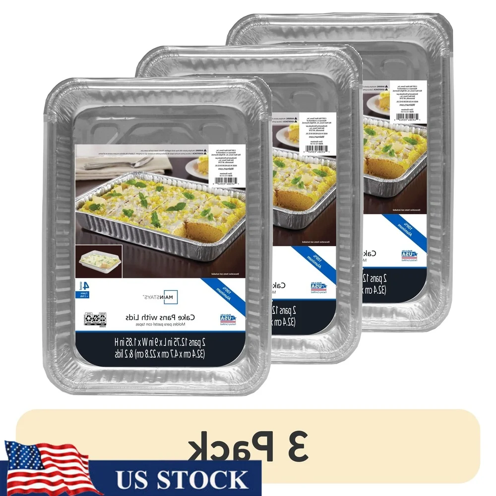 Paquete de 3 moldes rectangulares de papel de aluminio para tartas con tapas, moldes desechables para hornear, pasteles, Brownies, cazadores, fácil de limpiar, respetuosos con el medio ambiente