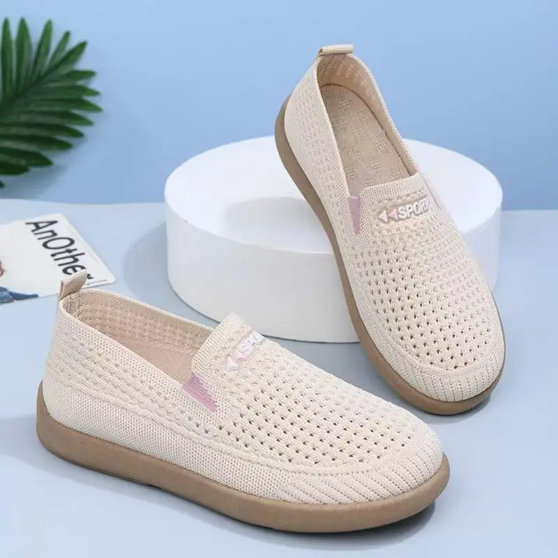 المرأة الربيع الصيف شقة وحيد شبكة حذاء كاجوال لينة وحيد عدم الانزلاق تنفس جولة تو الانزلاق على أحذية منتصف العمر وكبار السن