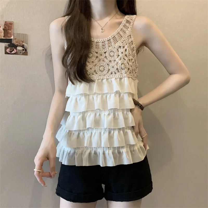 Summer Sleeveless Hook Flower Hollow Out Blouse Women Patchwork Chiffon Shirt Ruffles Knitted Vest Tops