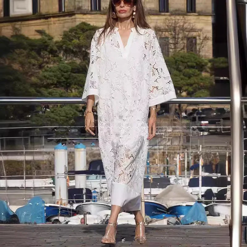 2024 Autumn Women White Long Dress Hollow Lace Crochet Patchwork Double-layer Loose Sleeves Floral Embroidery Commuting Dress