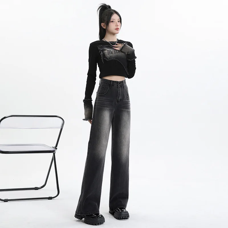 Boweylun الربيع والخريف جديد خمر عالية الخصر واسعة الساق الجينز النساء فضفاض الدنيم كامل طول السراويل الإناث واسعة الساق السراويل