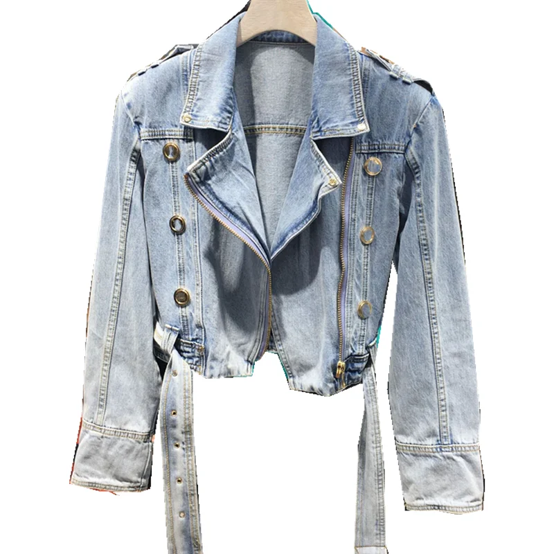 

2023 Spring Washed Light Blue Denim Jackets Female Lapel Metal Button Slim Denim Coat Zipper Motorcycle Jacket Fashion Outerwear