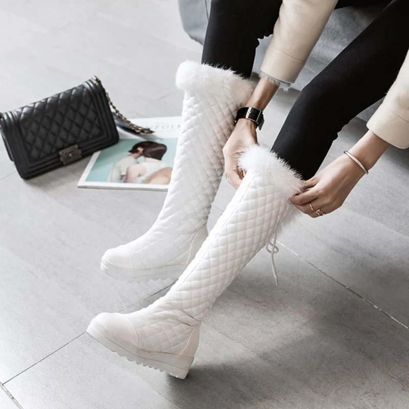 Faux Plush Flip Checkerboard Check Knee Boots Inner Heightened Flat Winter Long Tube Women's Boots Lace-Up Warm Snow Boots