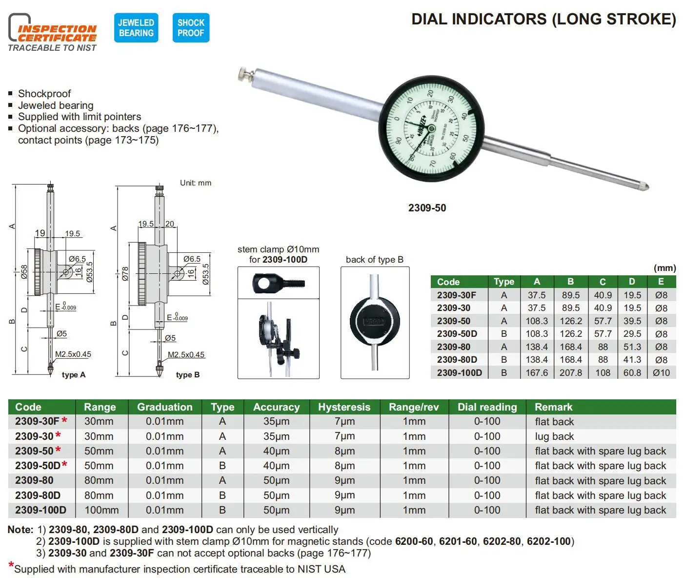 2025 Insize 2309-30F 2309-30 2309-50 2309-50D 2309-80 2309-80D 2309-100D range 0-30/50/80/100mm 0.01mm long stroke dial indicato