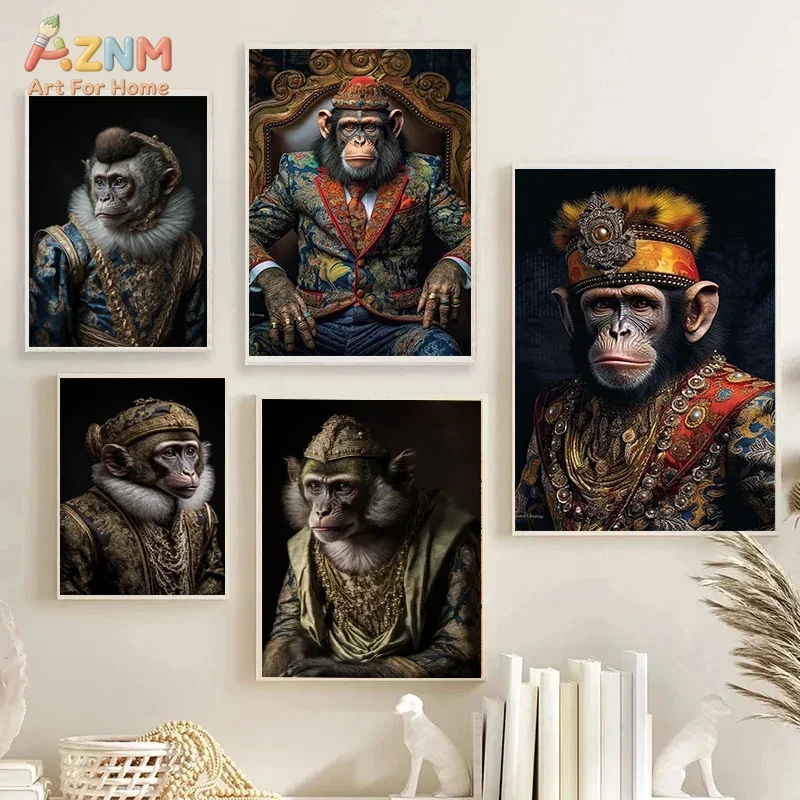 AZNM Renaissance Noble Monkey Canvas Print Vintage Royal Costume Animal Portrait Dark Background Luxury Living Room Wall Decor U