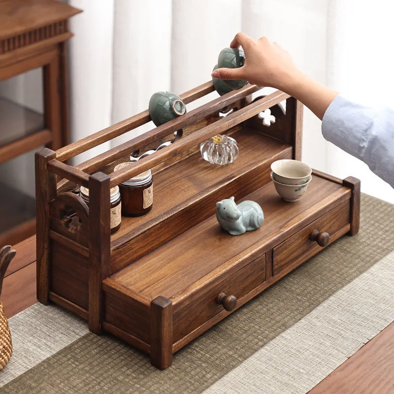 Wooden Teacup Holder Tea Accessory Organizer Chinese Pokou Shelf Tea Table Desk Storage Box Solid Wooden Shelf