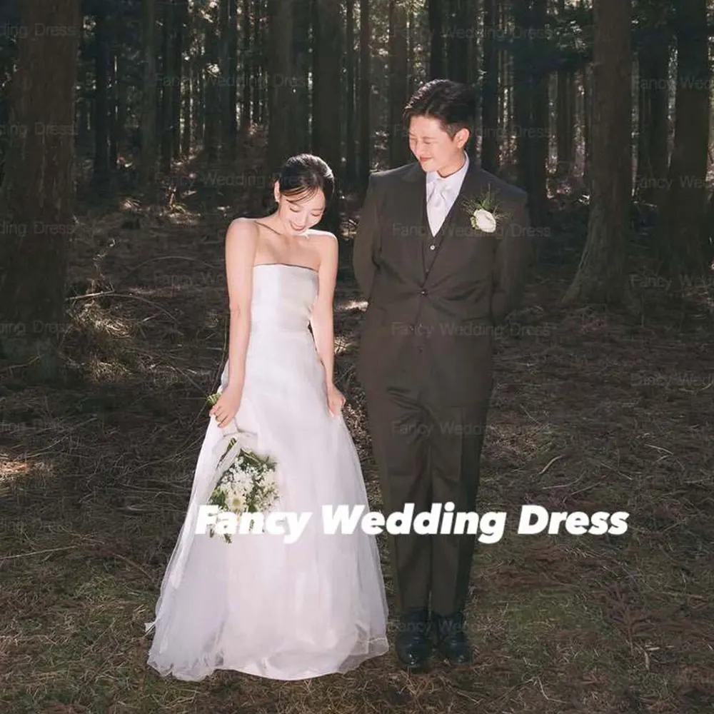 

Fancy Simple Ivory Strapless Wedding Dress A Line Korea Popular Evening Dresses Soft Tulle Birthday Party Dresses Customized