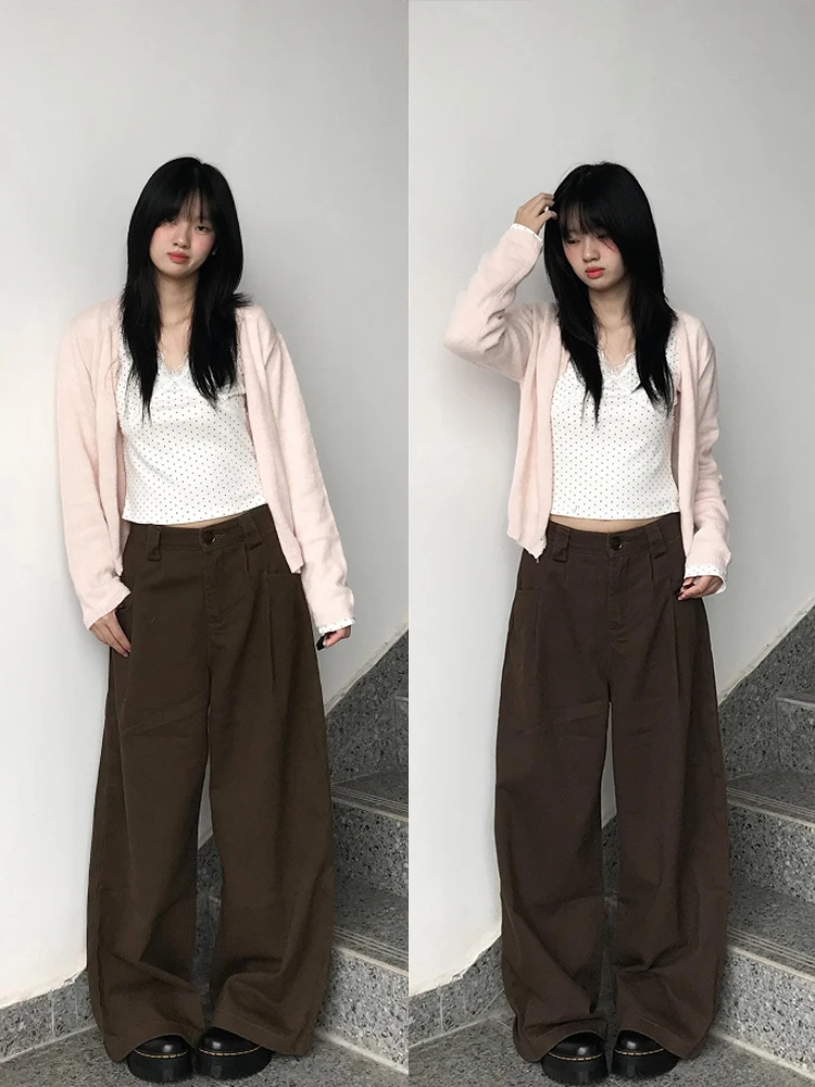 

Ретро-джинсы американского стиля кофейного цвета с плиссировкой, с высокой талией, свободные, прямые, широкие брюки для женщин, осень-зима