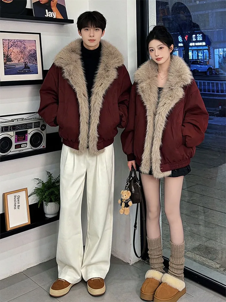 

Red Wine Color Mountain Eagle down Collar Thiened Velvet Cotton Jaet ex Winter Warm Zipper Closure Long Sve Coat