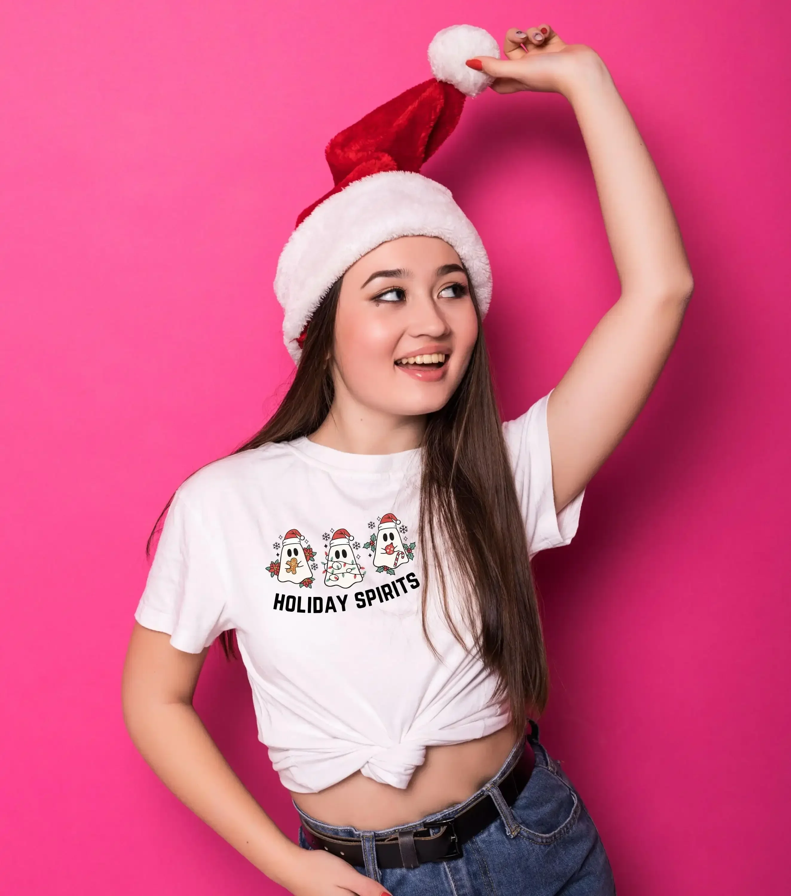 Holiday Spirts T Shirt Christmas Ghosts Santa Hats Xmas Lights Gingerbread Man Festive Ornaments Snowflakes Candy Cane