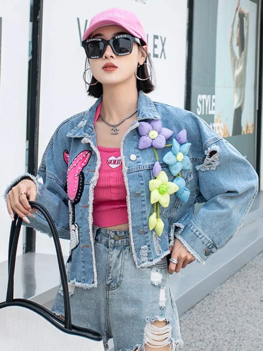 Heavy Industry Beads Cartoon Denim Jacket Women 2023 Spring Sweet Tridimensional Flower Decorative Rhinestone Short Jeans Coat