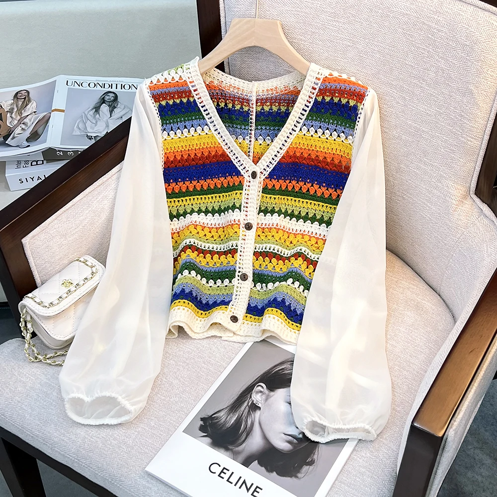 Summer Long Sleeve Crochet Knit Top Rainbow Striped Sheer Open-knit Shirts Woman Blouses Fairycore Cottagecore Outfit