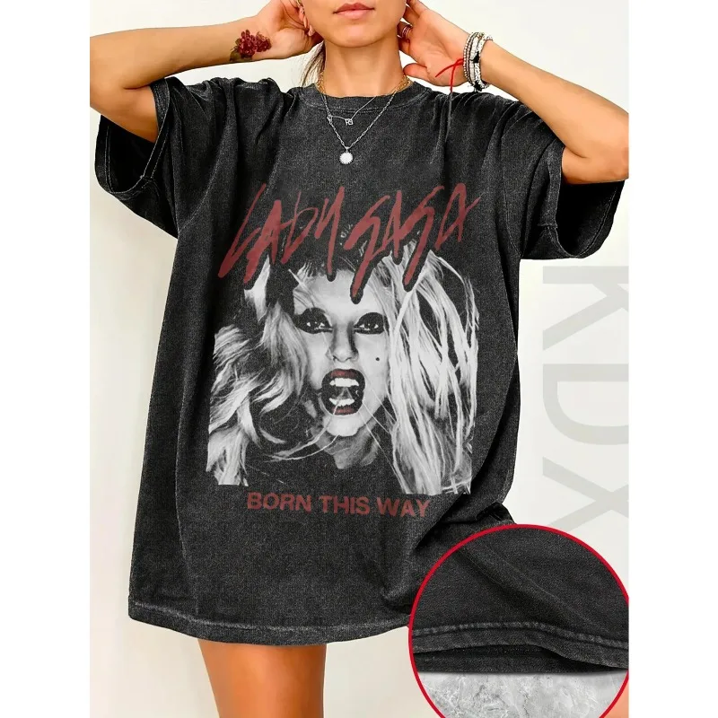 Born This Way Album Pattern T-shirt Dark Gray Red Letter Print Loose Version Casual Female T-shirt