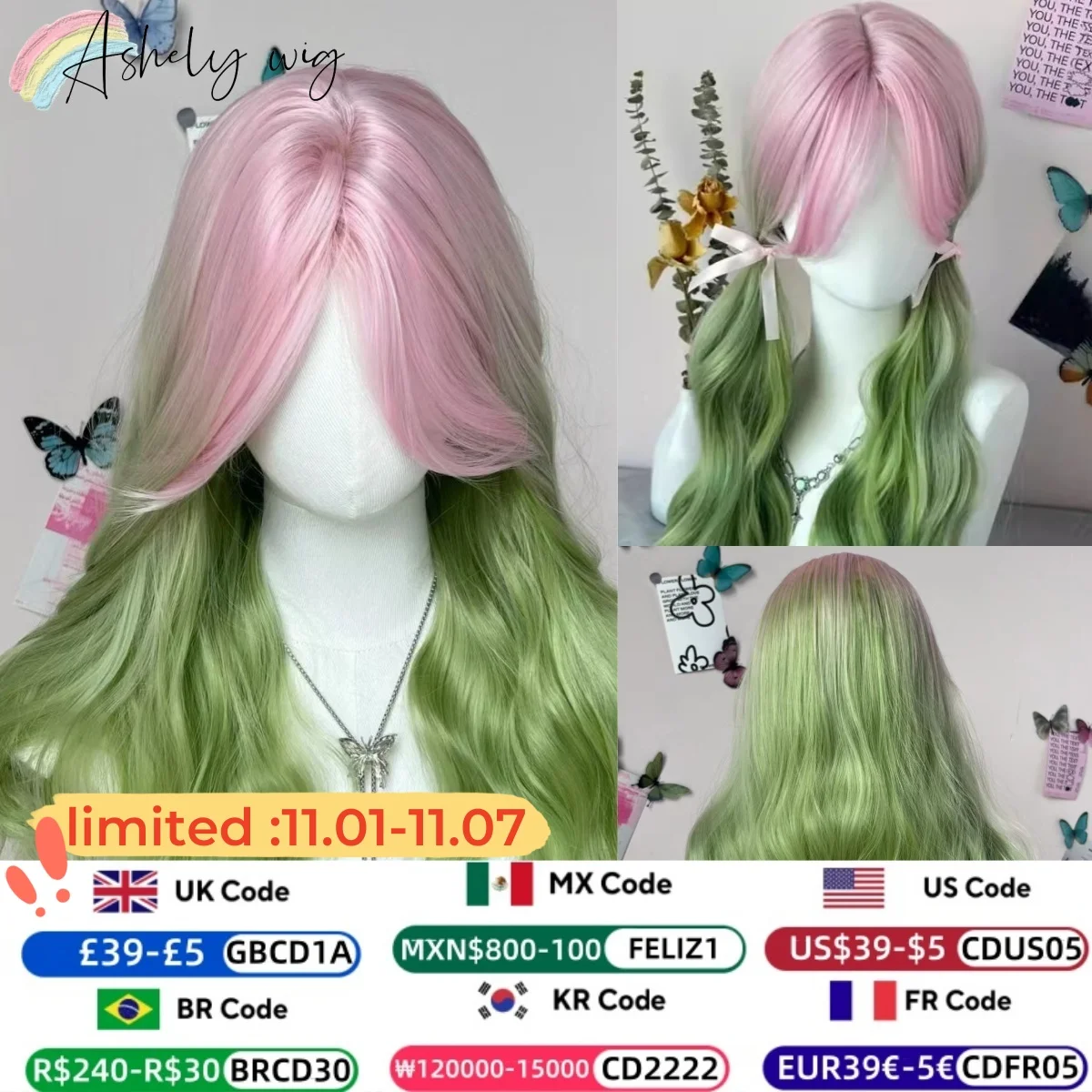 

Ombre Pink Green Wig for Women Manna Temple Kanroji Mitsuri Cos Shaolomei Pink Green Long Curly Hair Wig Female Head Wigs