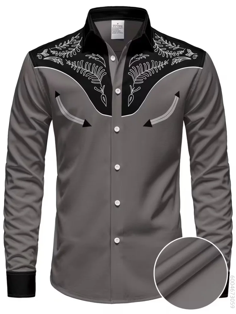 Men's long sleeved shirt with plant arrow print shirt, versatile for vacation parties, fashionable and trendy casual loose top