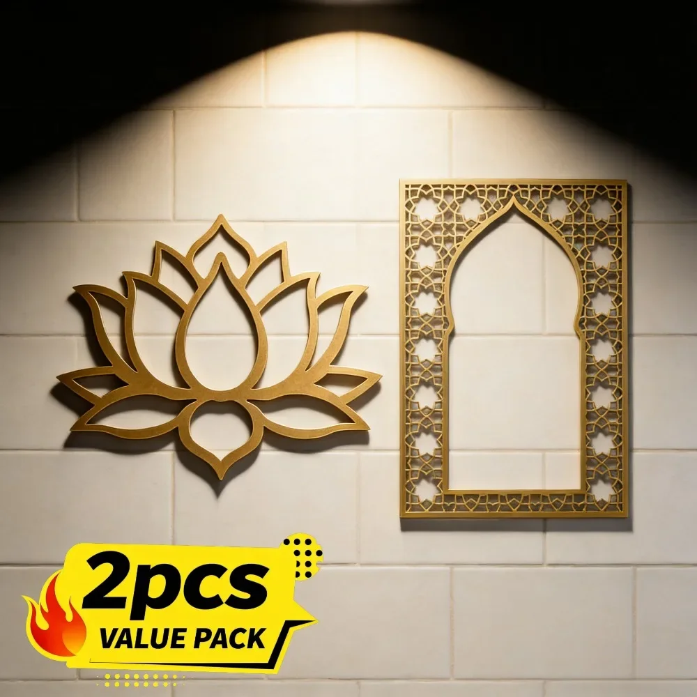 2Pcs Gold Metal Wall Art, Lotus & Moroccan Arch Frame, Wrought Iron Decor for Yoga Room Bedroom Living Room, Bohemian Ornament
