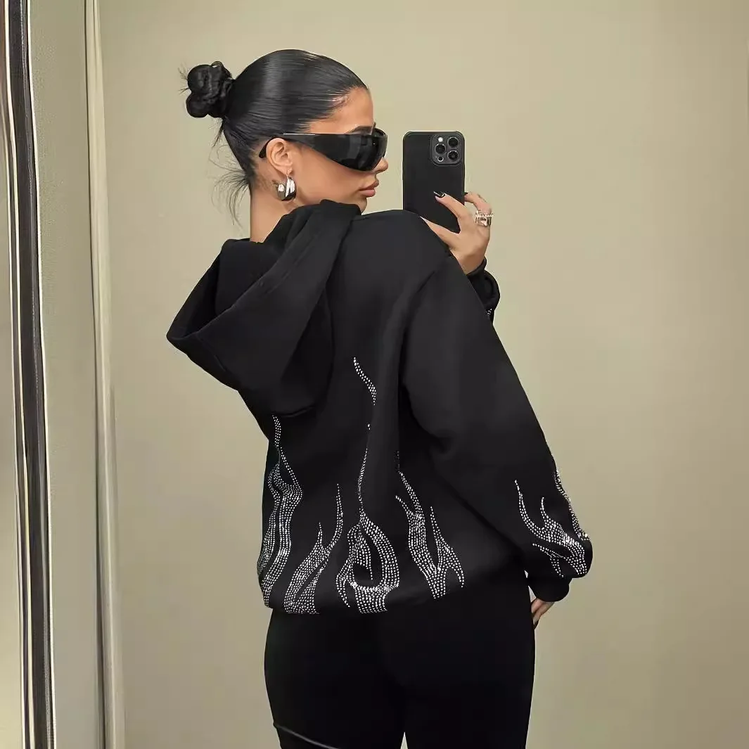 الخريف والشتاء جديد Y2g الشارع الاتجاه لهب حجر الراين فضفاض البريدي مقنعين سترة زوجين معطف للنساء #1