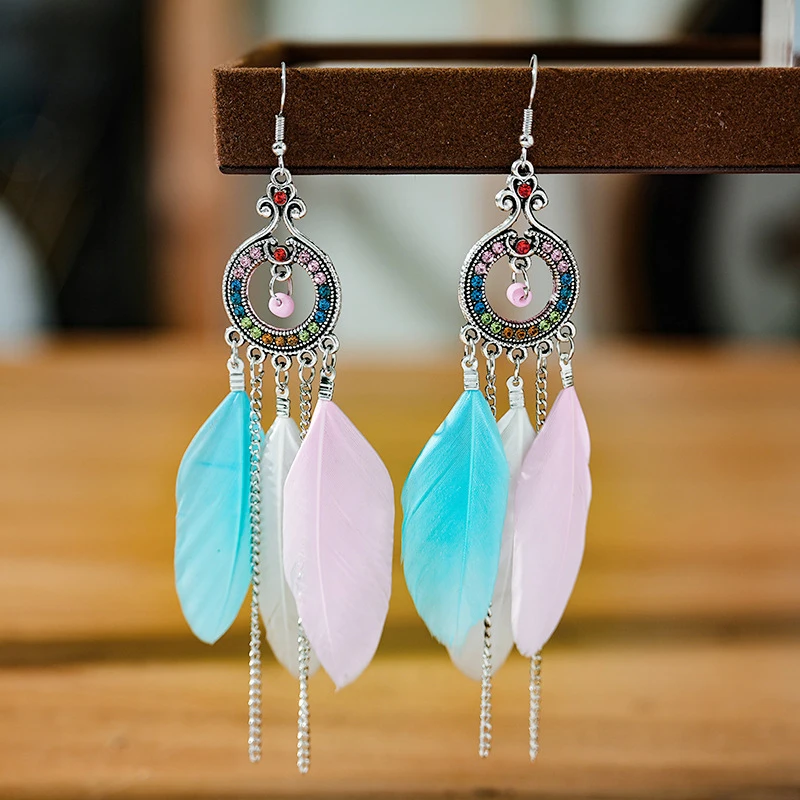 Bohemian Long Feather Drop Earrings For Women Round Crystal Rhinestone Bead Handmade Chain Dangle Beach Earings Pendientes Mujer
