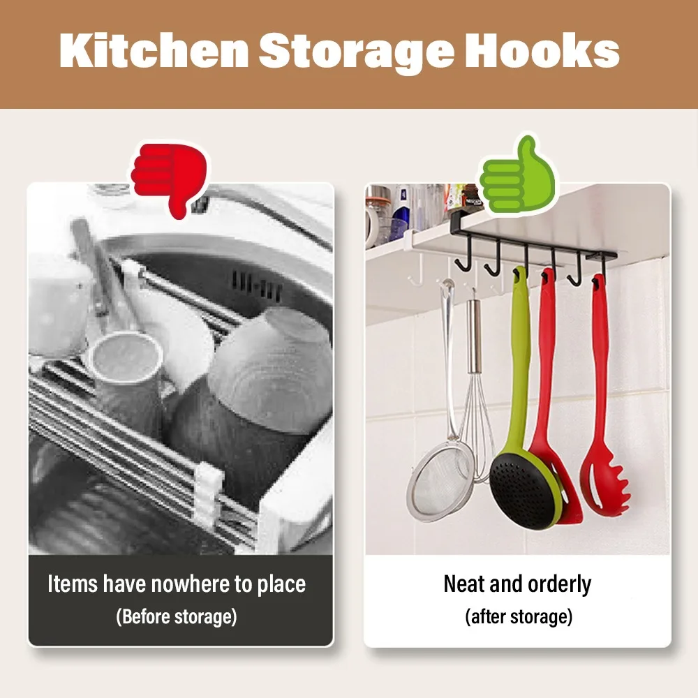 6 Hook Coffee Cup Mug HolderMultifunction Kitchen Shelf Black White Hooks Shelf Cabinet Sundries Organizer Storage Hanger Rack