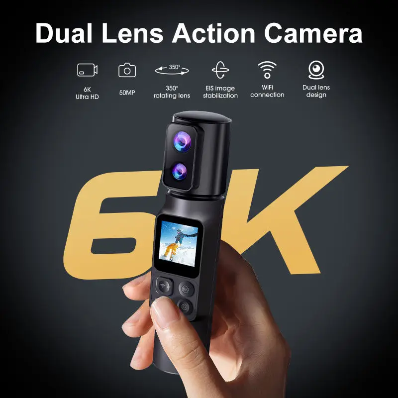 Anti-shake 5X Zoom 6K Portable Handheld Action Camera 350° Rotatable Dual Lens Wifi EIS Pocket Camera DV Screen Recorder