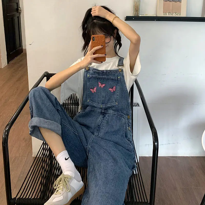 American Style Butterfly Denim Strap Pants for Women Spring and Autumn Loose Casual Straight Leg Versatile Cute Wide Leg Pants