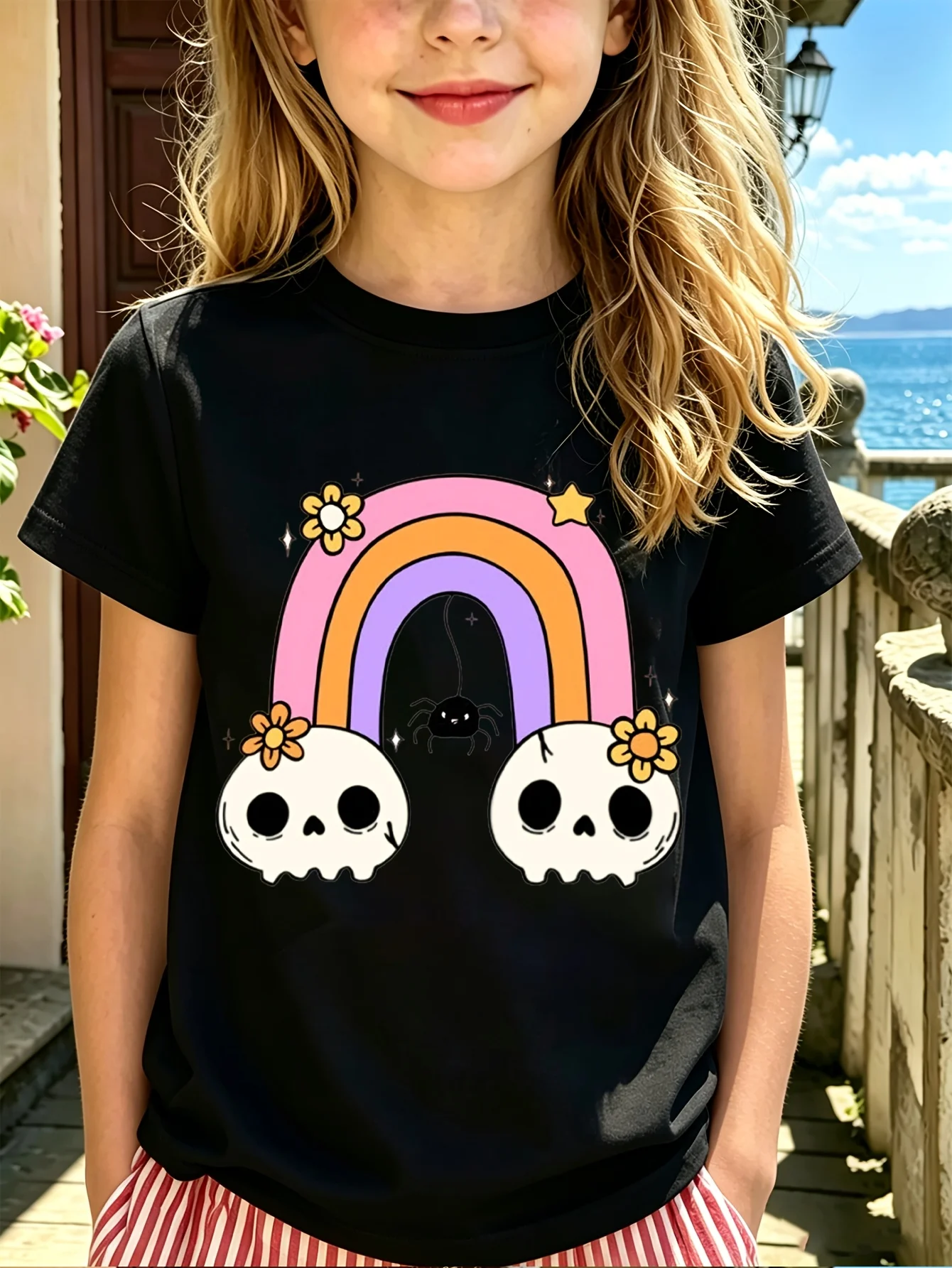 Family Matching T Shirt Cute Rainbow Skull Spider Cartoon Print Short Sleeve Cotton Tee For Boys Girls Kids Daily Casual Wear
