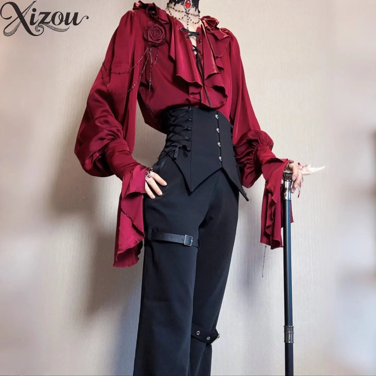 

Prince Style Women Blouse Girls Lolita Shirts High Waist Y2k Punk V Neck Shirt Fashion Spring Autumn Women's Long Sleeve Tops