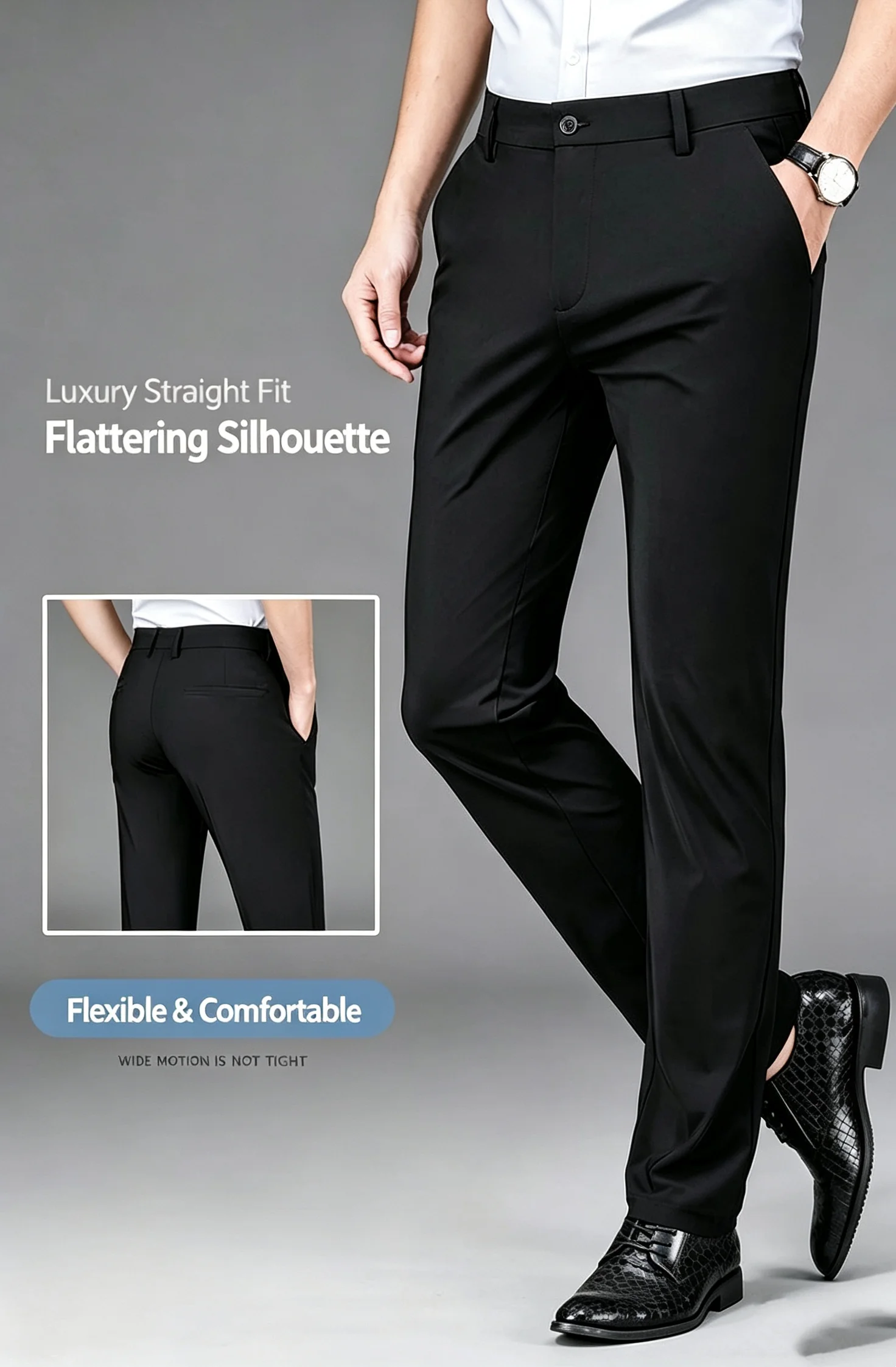 Mens Stretch Straight Leg Business Dress Pants Casual Wrinkle Resistant Drape Trousers for Meeting Occasions ﻿