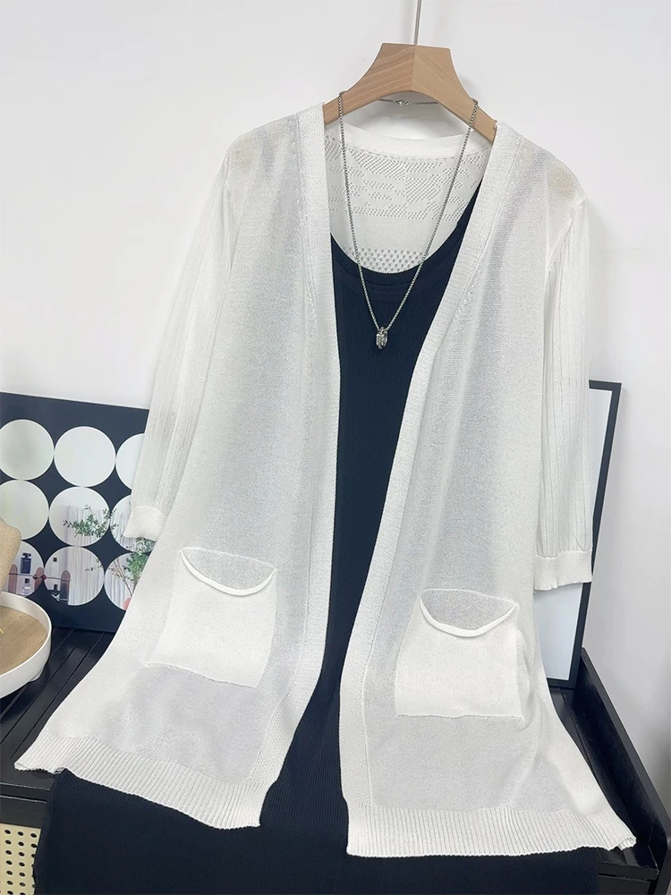 High Quality Ice Silk Medium Length Knitted Cardigan for Women's Summer Outerwear Shawl Loose Sun Protection Jacket Top