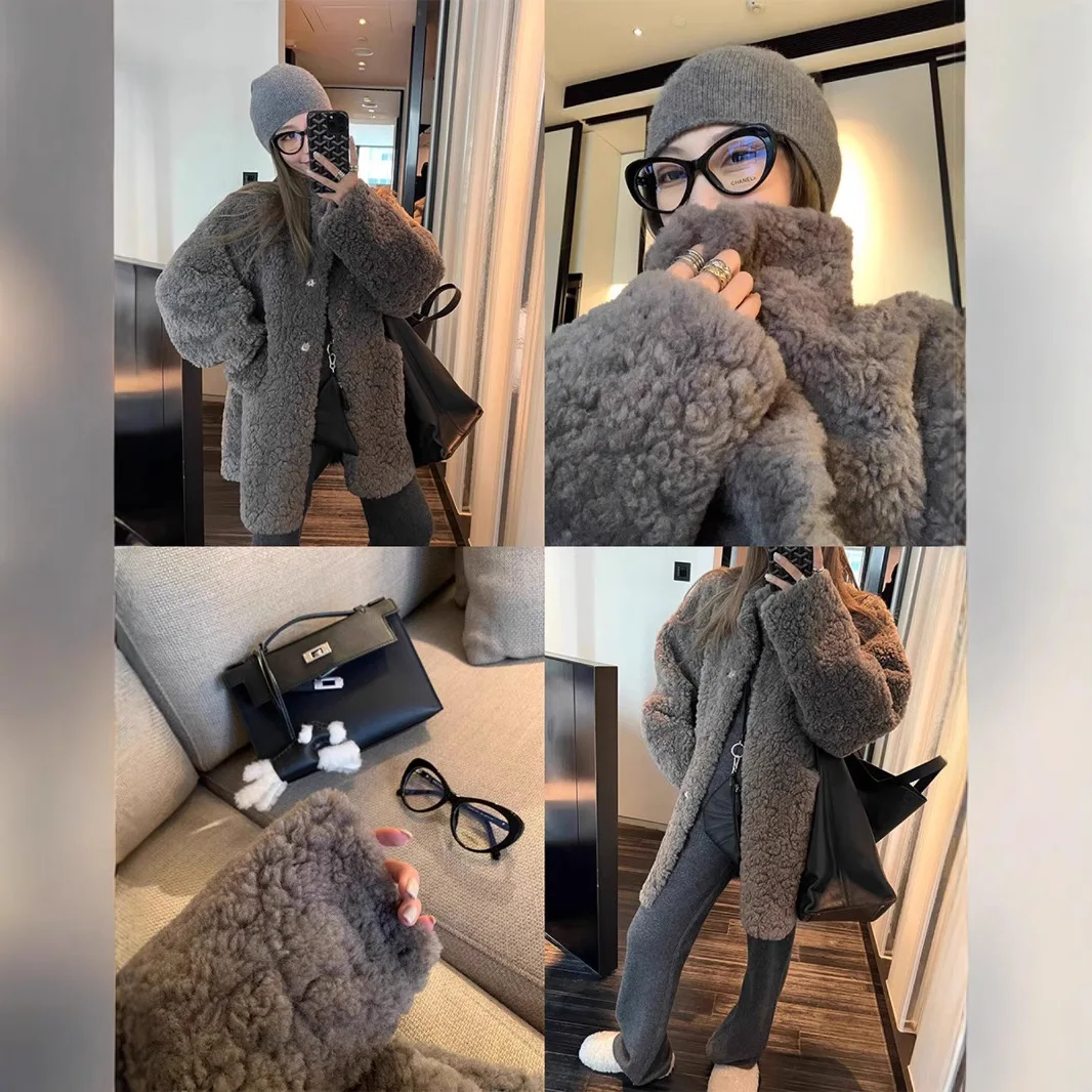 

Mid-length Leather and Fur Coat for Women, 2025 Winter, Loose Lamb Wool Eco-friendly Fur Jacket with Fur Collar.