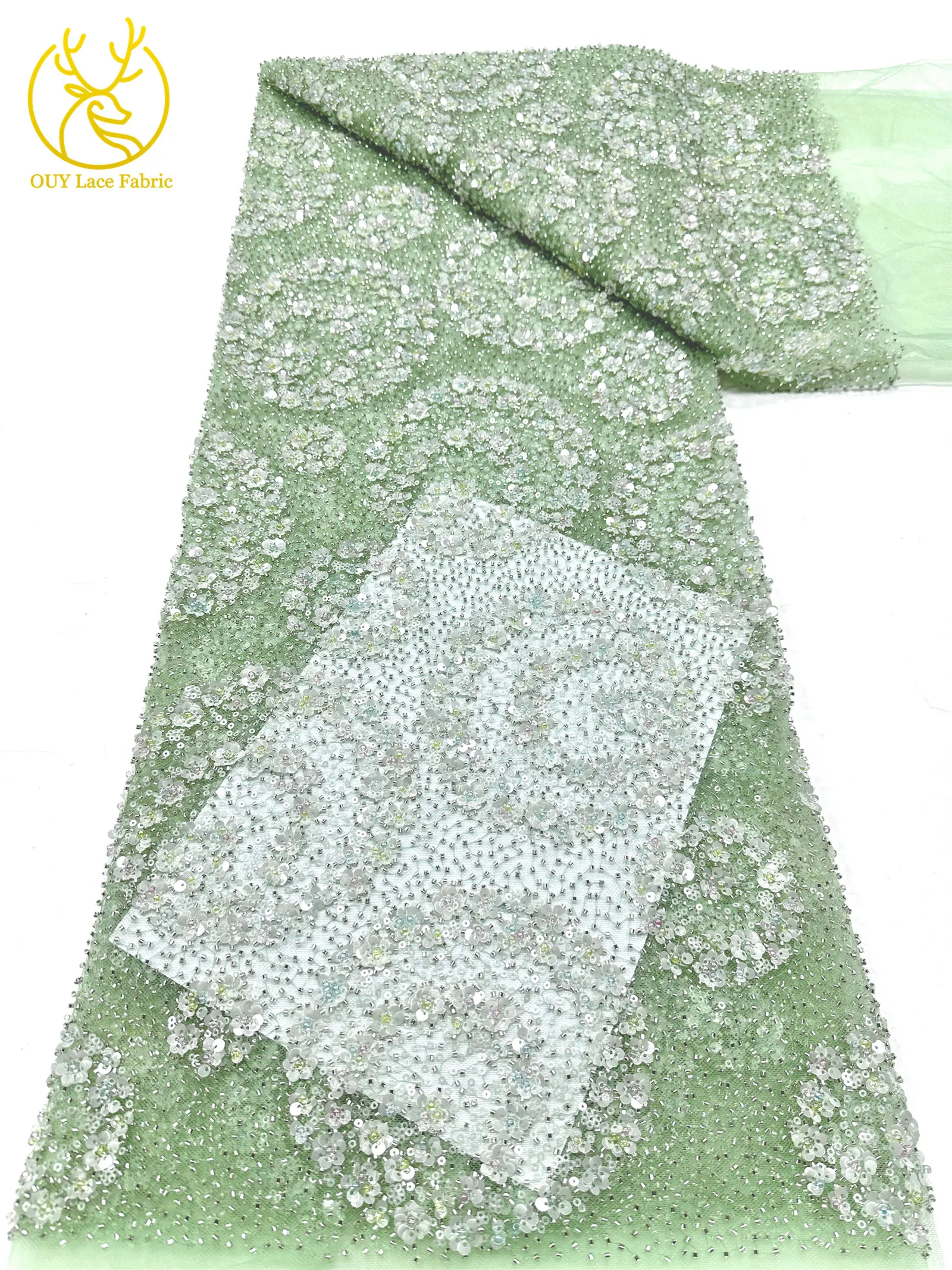 Exquisiter, eleganter nigerianischer bestickter Tüll-Spitzenstoff mit Perlen und Pailletten für Damen, zum Nähen von Ballkleidern. – Detail 15