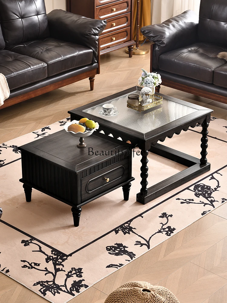 

Medieval retro solid wood square table living room American light luxury Changhong glass coffee table combination