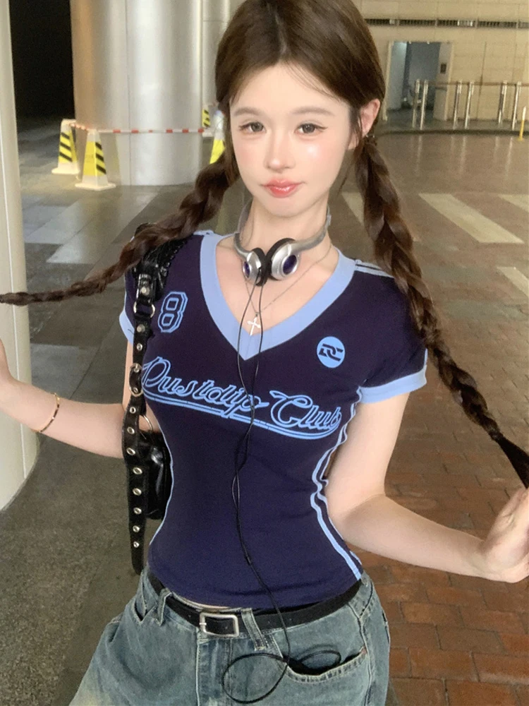 

Sli American Hot Girl V-ne oulder T-irt Women's Faion Trend Print High-End ort Sve Top Korean Sle Commute