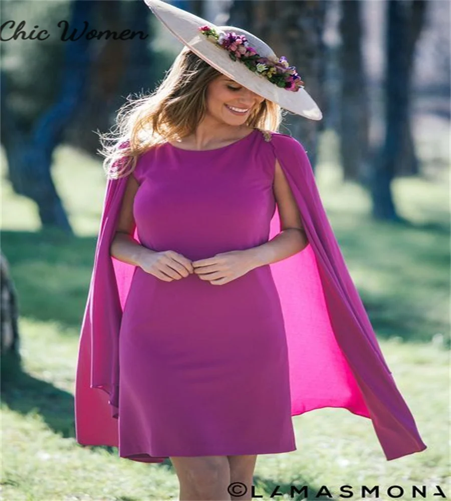 

Fashion Purple Short Mother Of The Bride Dress With Cape Wrap Elegant Chiffon Wedding Guest Reception Mom Evening Party Dress