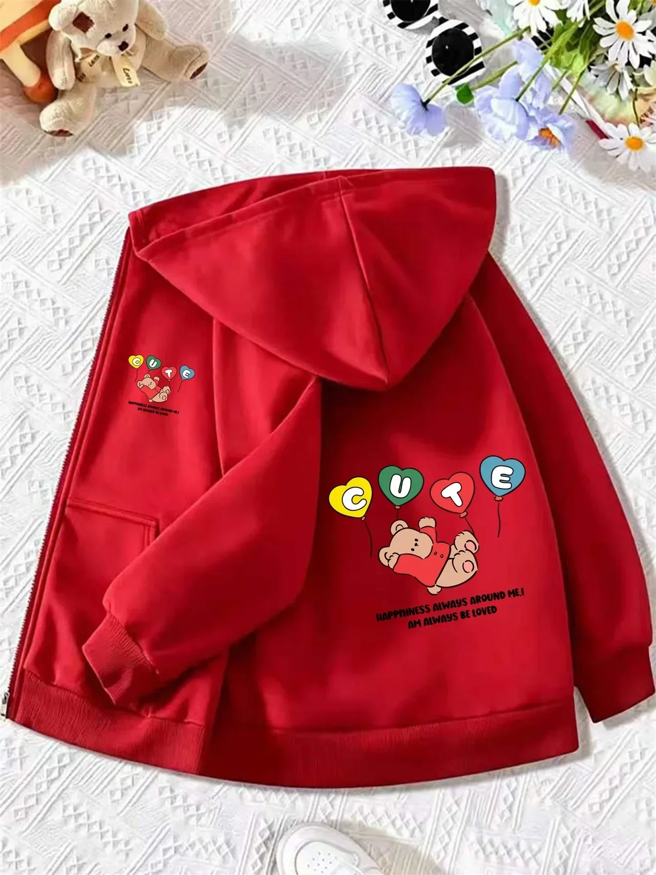 Lovely Bear Heart Balloon Graphic Kids Gray Zip Hoodie Happiness Text Design Long Sleeve Soft Casual Daily Hooded Coat