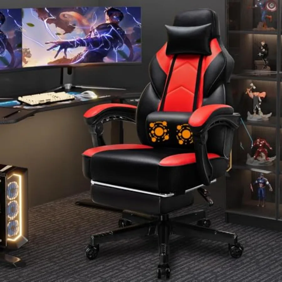 Gaming Chair with Footrest, Massage Lumbar Support, Height Adjustment, and 360° Swivel Seat. Ergonomic Design for Gaming