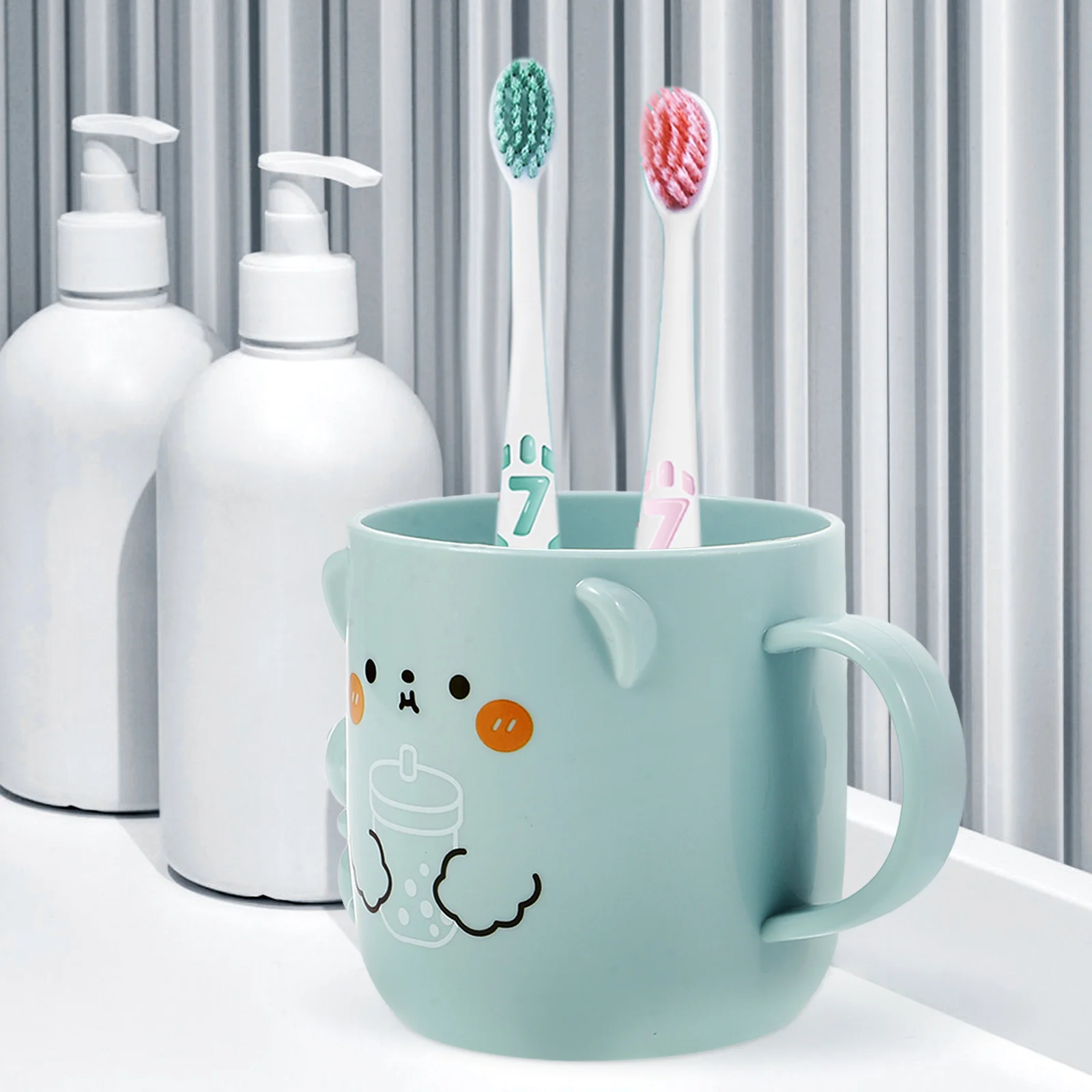 

2 pcs Bathroom Cute Cartoon Plastic Mugs Reusable Toothbrush 3D Bear Design Water Cup Smooth Mouth Cups
