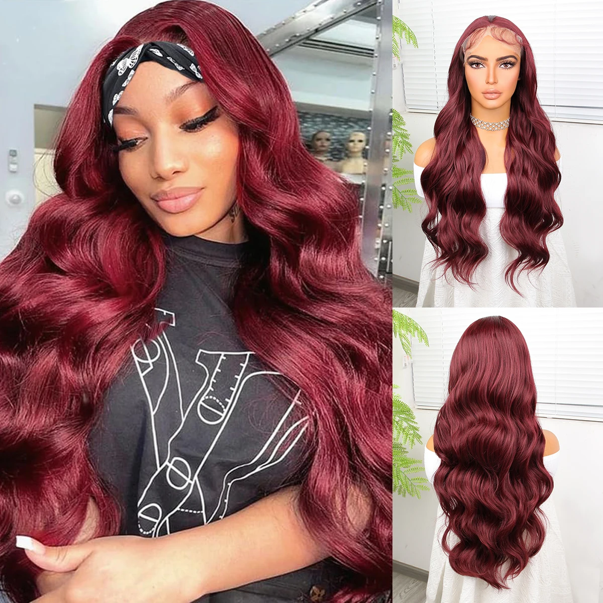 13*4 Lace Front Synthetic Wig Wine Red For Woman's Daily Use Long Natural Wave Curly wigs Versatile Style Heat Resistant Fiber