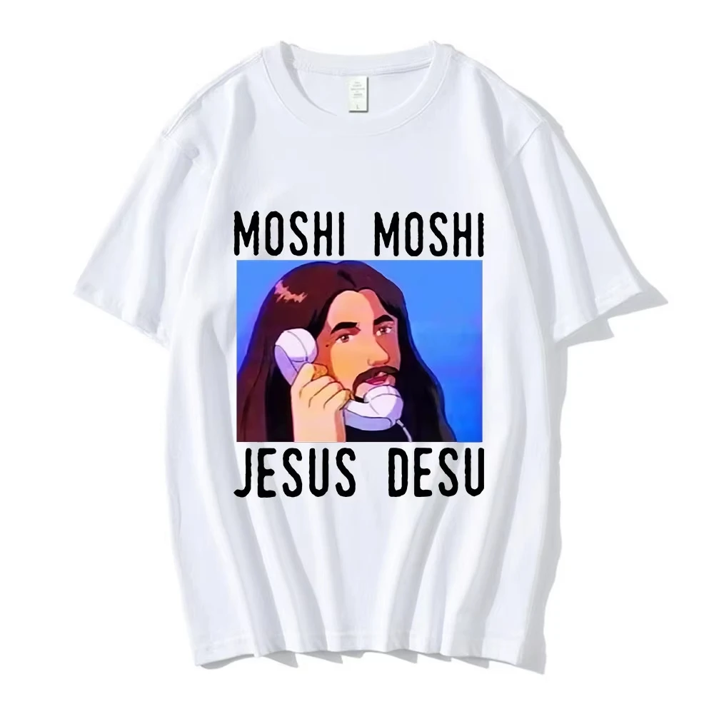Nicolas Cage Moshi Moshi Jesus Desu T-Shirt Men Funny Meme Picolas Cage Awesome T-shirts Cotton Short Sleeve T Shirt Clothing
