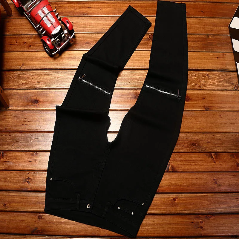 Black Motorcycle Jeans Men's Zipper Design Street Trend Personality Slim Fit Skinny Fashionable Stretch High-End Casual Trousers