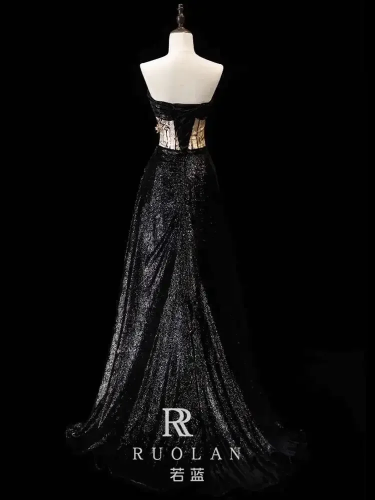 Off-Shoulder Evening Dress 2025 New High-End Luxury Niche Host Black Dress for Women Toast Dress Bride