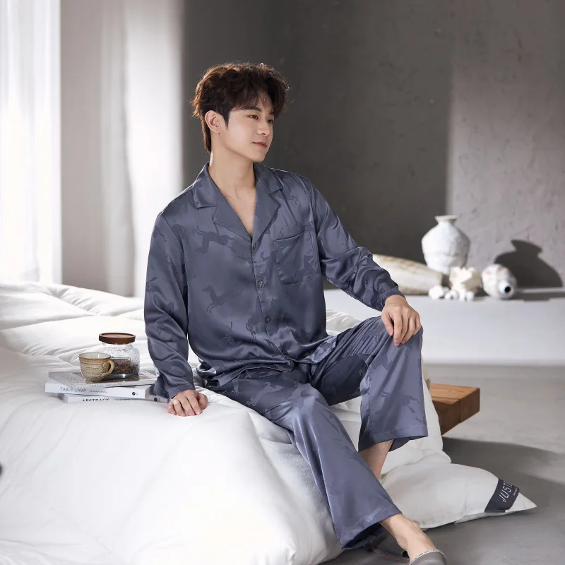2026 Spring Summer Men Pajamas Long Sleeve Ice Silk Loose Plus Size Casual HomeWear Outdoor Wear Long Sleeve Pants Nightgown
