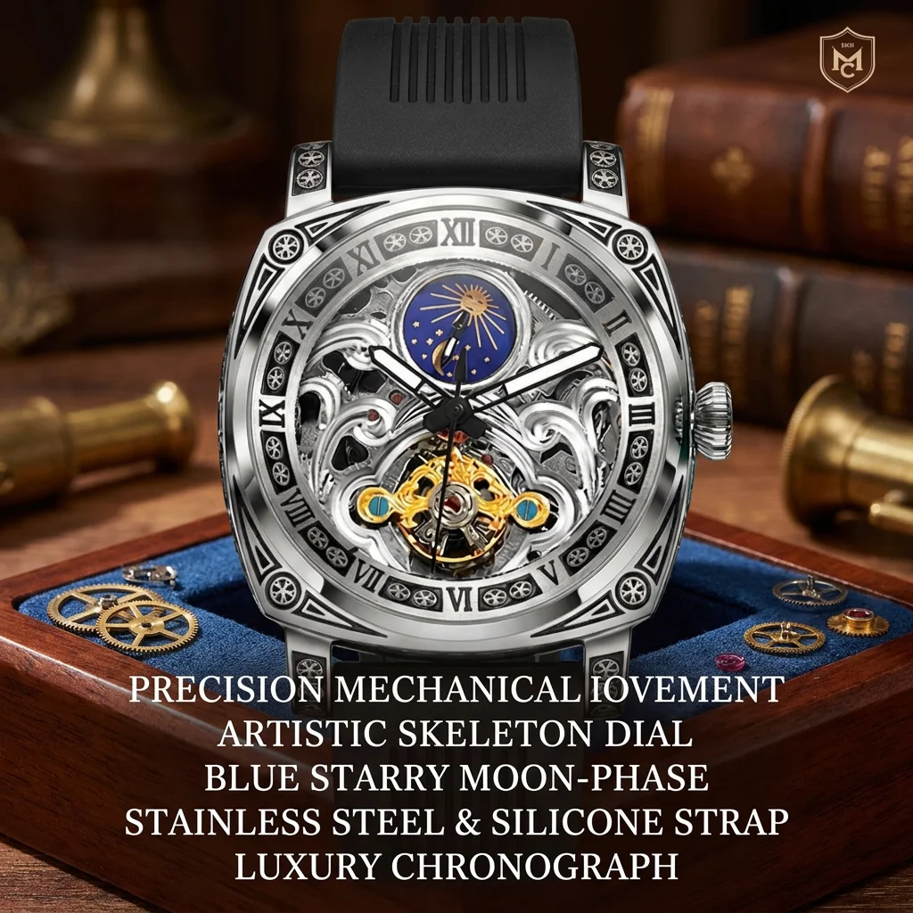 1pcs Men's Silver Dial Silicone Strap Vintage Fashion Skeleton Gear Luxury Details Mechanical Watch for Daily Business Party Hol