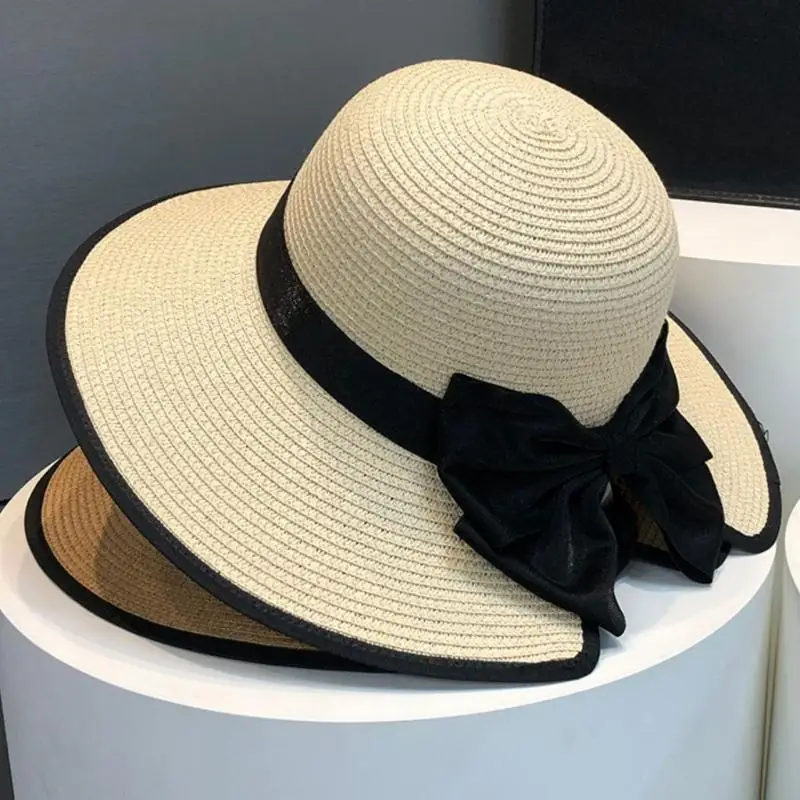 

39BD Breathable Sun Hat With Lovely Bowknot Natural Straw Panama Hat for Women Wear