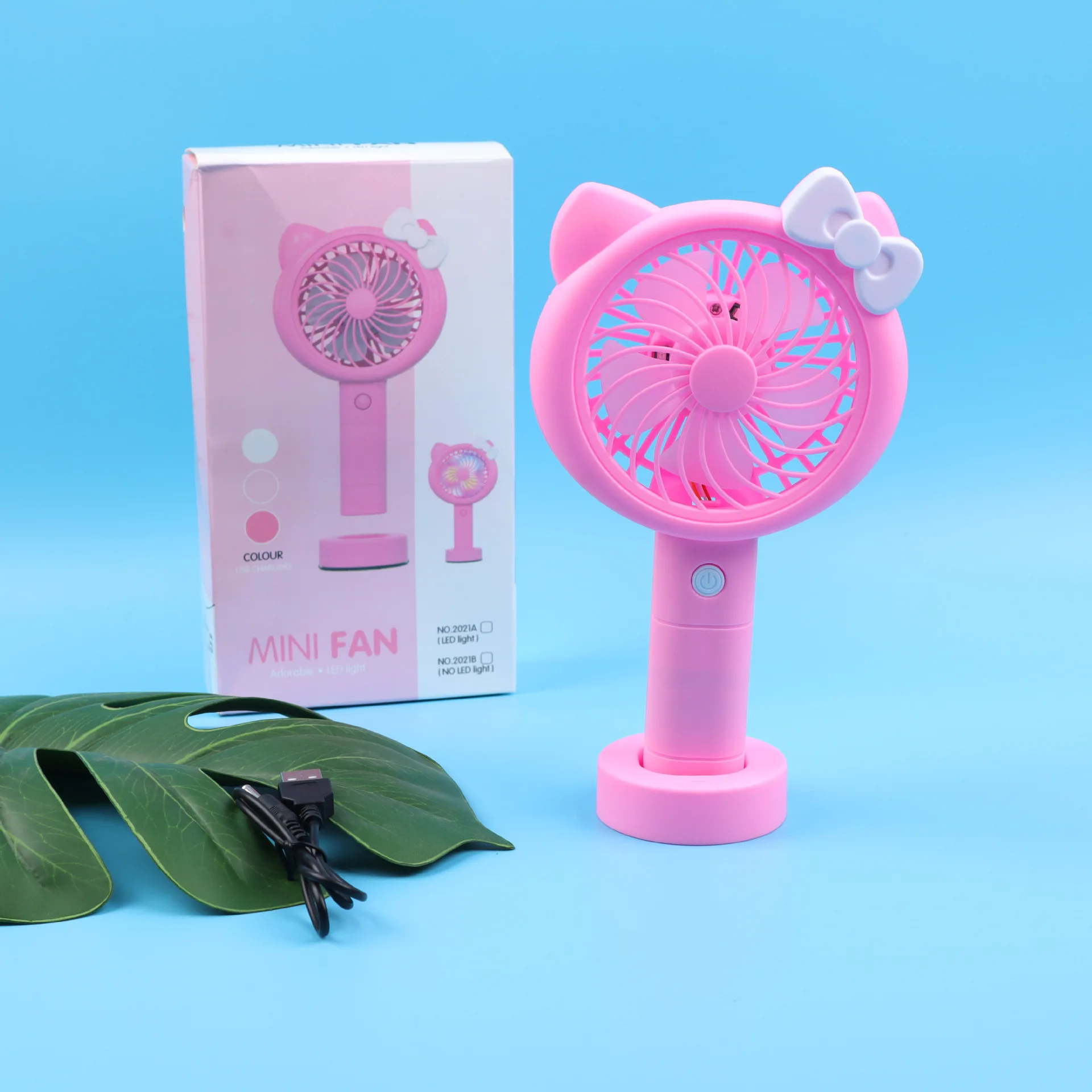 Lovely pink bow windy Fan Portable Handheld With Rechargeable Built-in Battery lights USB Port Handy Air Cooling Mini Fan